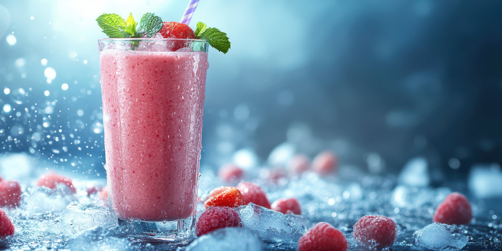 Refreshing raspberry smoothie in a chilled glass surrounded by ice and berries on a bright summer day
